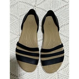 Crocs Womens 5 Tulum Sandals‎ Shoes Black Slip On Strappy Flats Comfort Casual